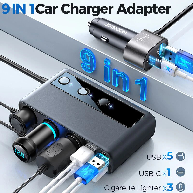 154W Car Charger Adapter 9 in 1 PD 3 Socket Cigarette Lighter Splitter Charge Independent Switches