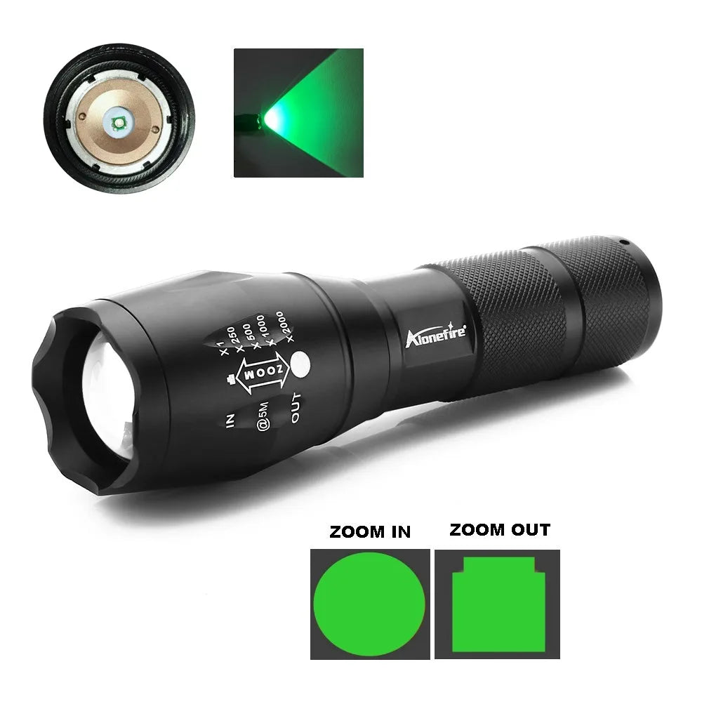 E17 Green LED Light Tactical Flashlight Zoomable Spot Flood Light Torch Hunting Lamp with Pressure Switch