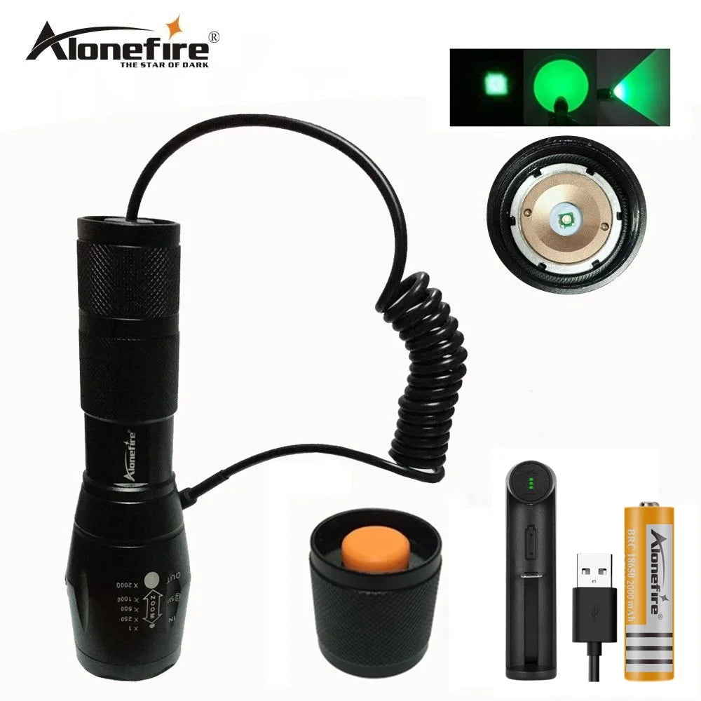 E17 Green LED Light Tactical Flashlight Zoomable Spot Flood Light Torch Hunting Lamp with Pressure Switch