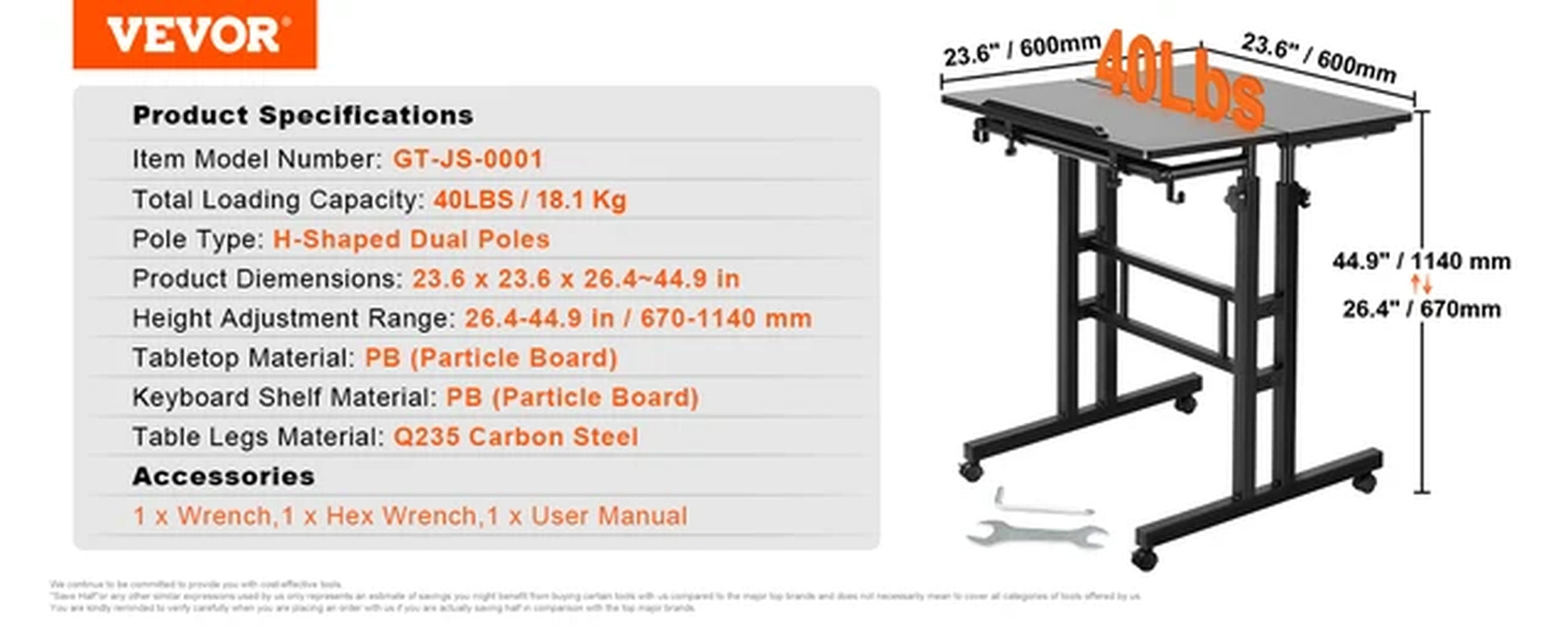 VEVOR 26.4"-44.9" Gas-Spring Height Adjustable Sit-Stand Desk with 360° Swivel