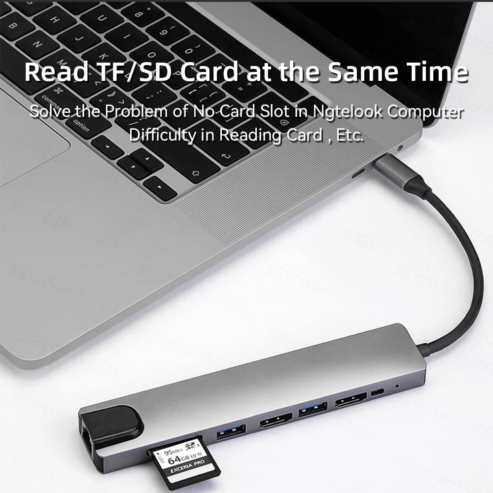 USB C HUB with 4K HDMI 100W PD USB C Port USB 3.0 RJ45 Ethernet SD/TF Card Reader Docking Station 4/5/6/8 Ports USB C Adapter