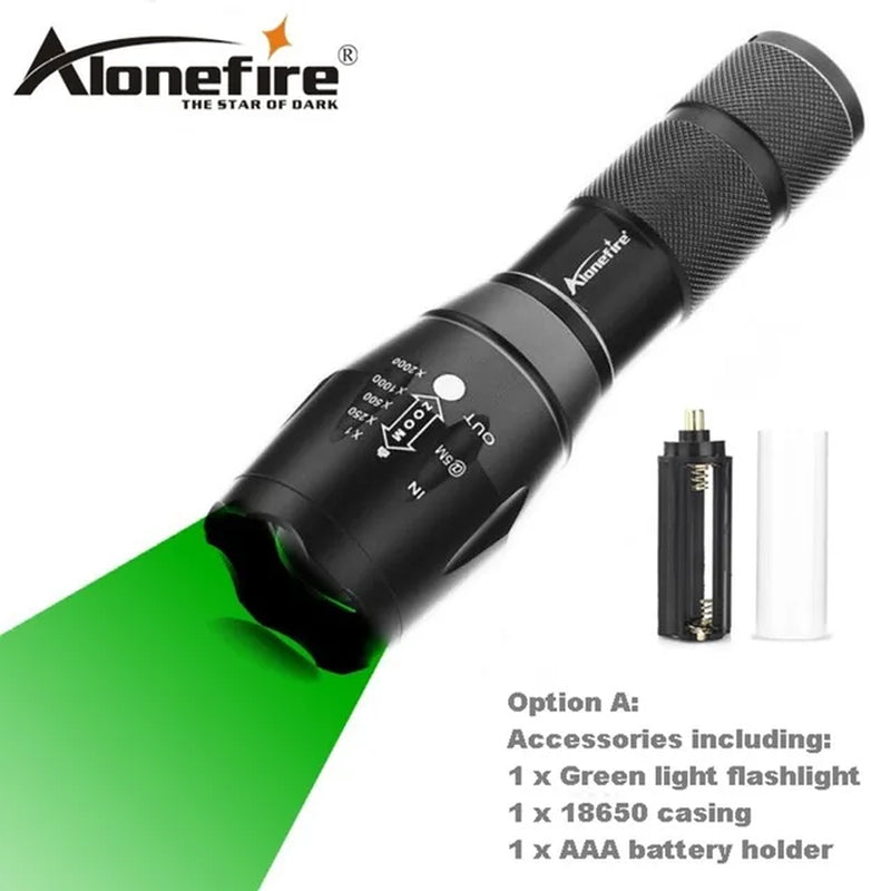 E17 Green LED Light Tactical Flashlight Zoomable Spot Flood Light Torch Hunting Lamp with Pressure Switch