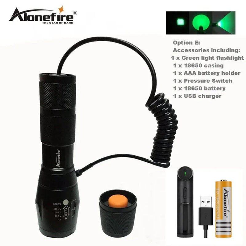 E17 Green LED Light Tactical Flashlight Zoomable Spot Flood Light Torch Hunting Lamp with Pressure Switch