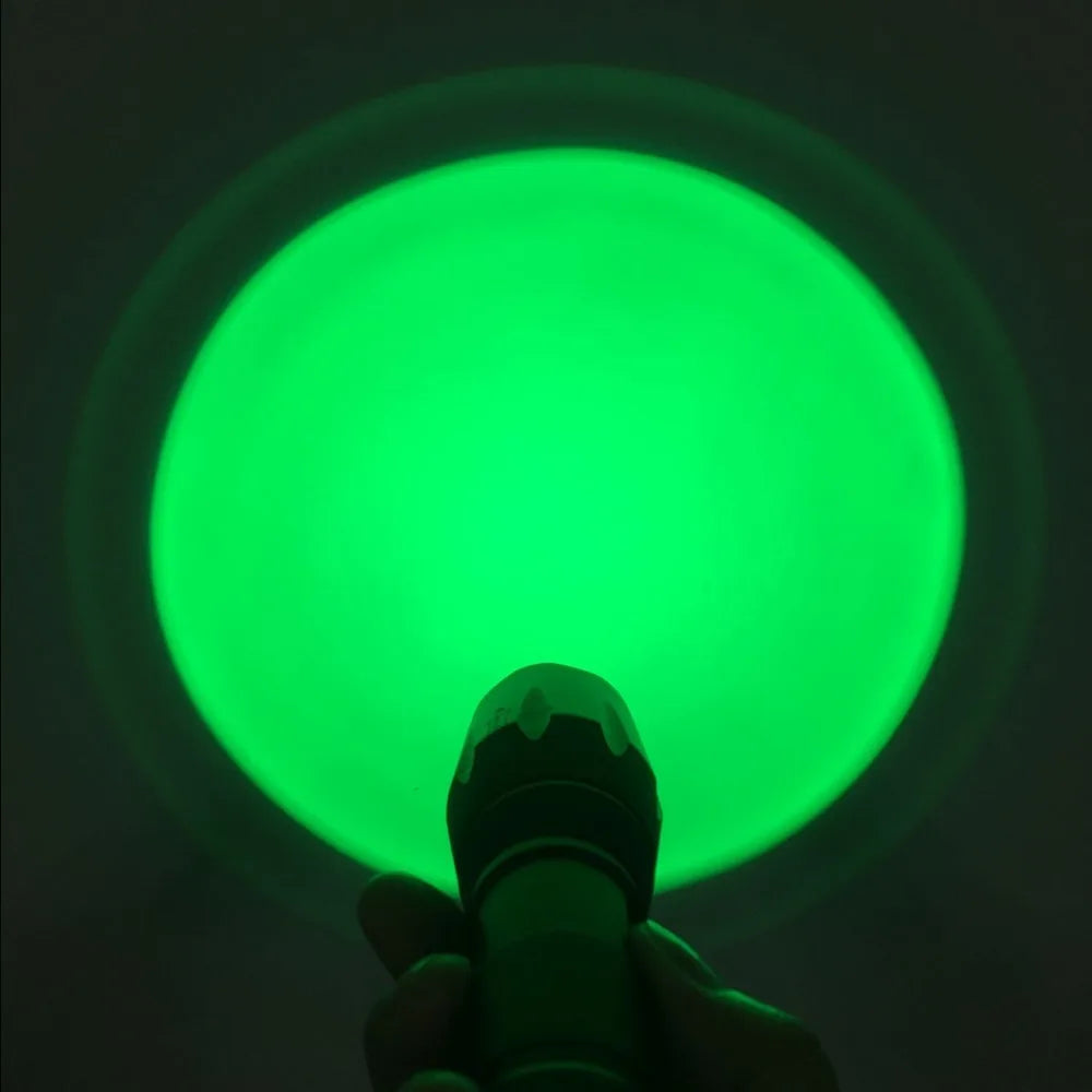 E17 Green LED Light Tactical Flashlight Zoomable Spot Flood Light Torch Hunting Lamp with Pressure Switch