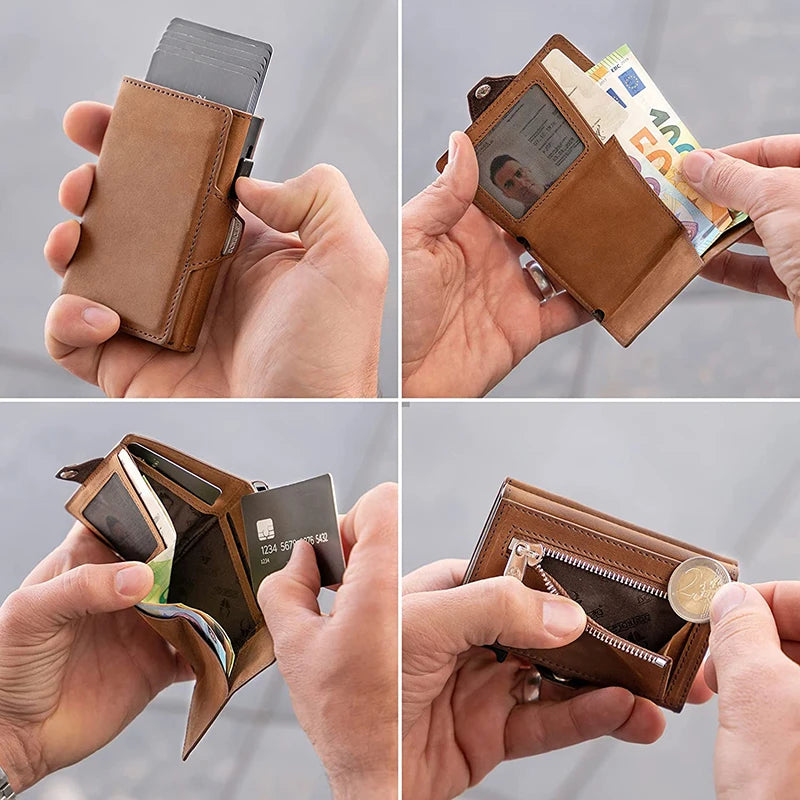 Pop-Up Credit Card Case with RFID Protection Genuine Leather Wallet with Compartment for Notes and Coins for Men and Women