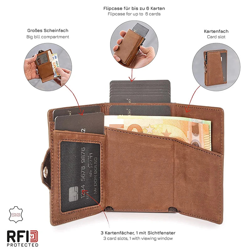 Pop-Up Credit Card Case with RFID Protection Genuine Leather Wallet with Compartment for Notes and Coins for Men and Women