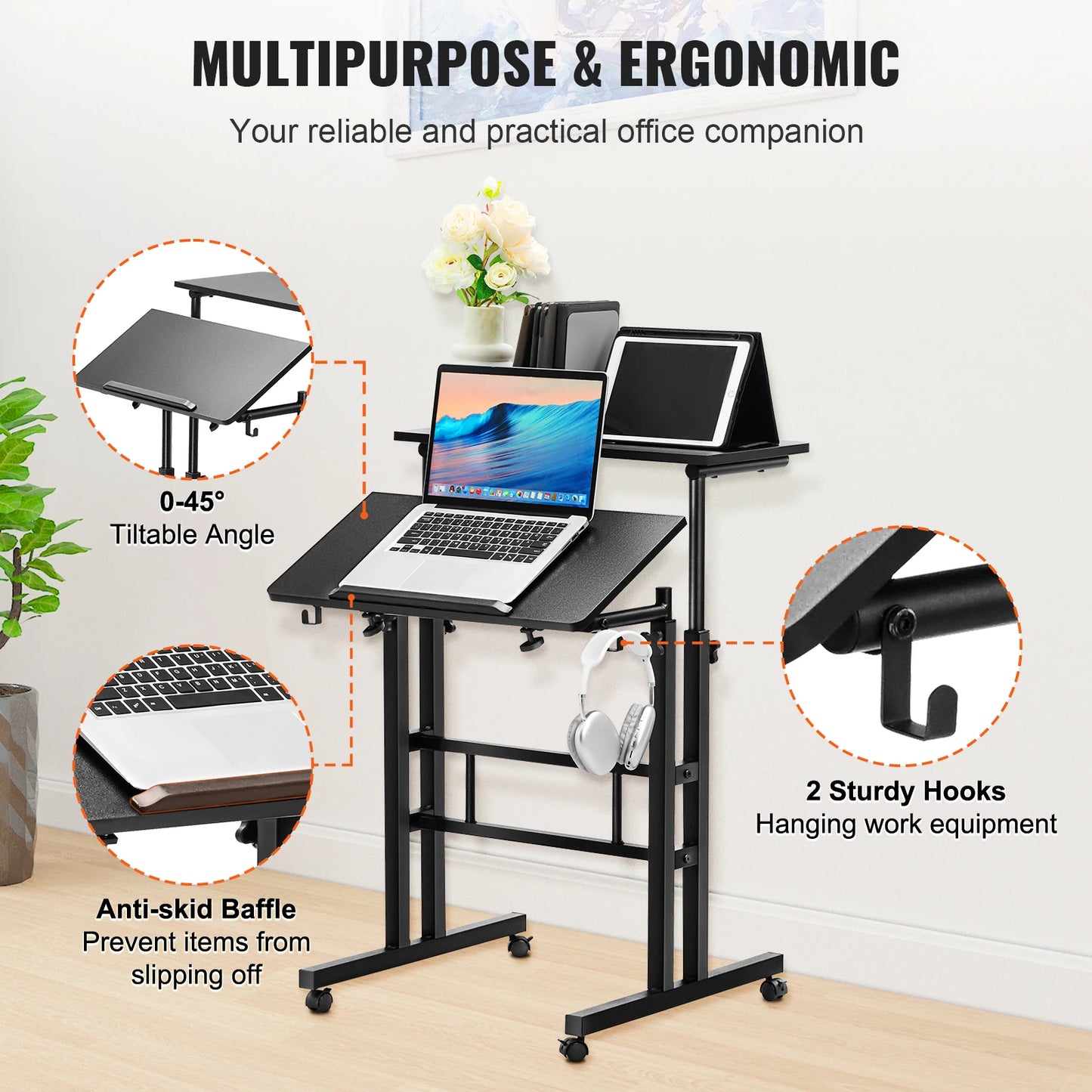 VEVOR 26.4"-44.9" Gas-Spring Height Adjustable Sit-Stand Desk with 360° Swivel