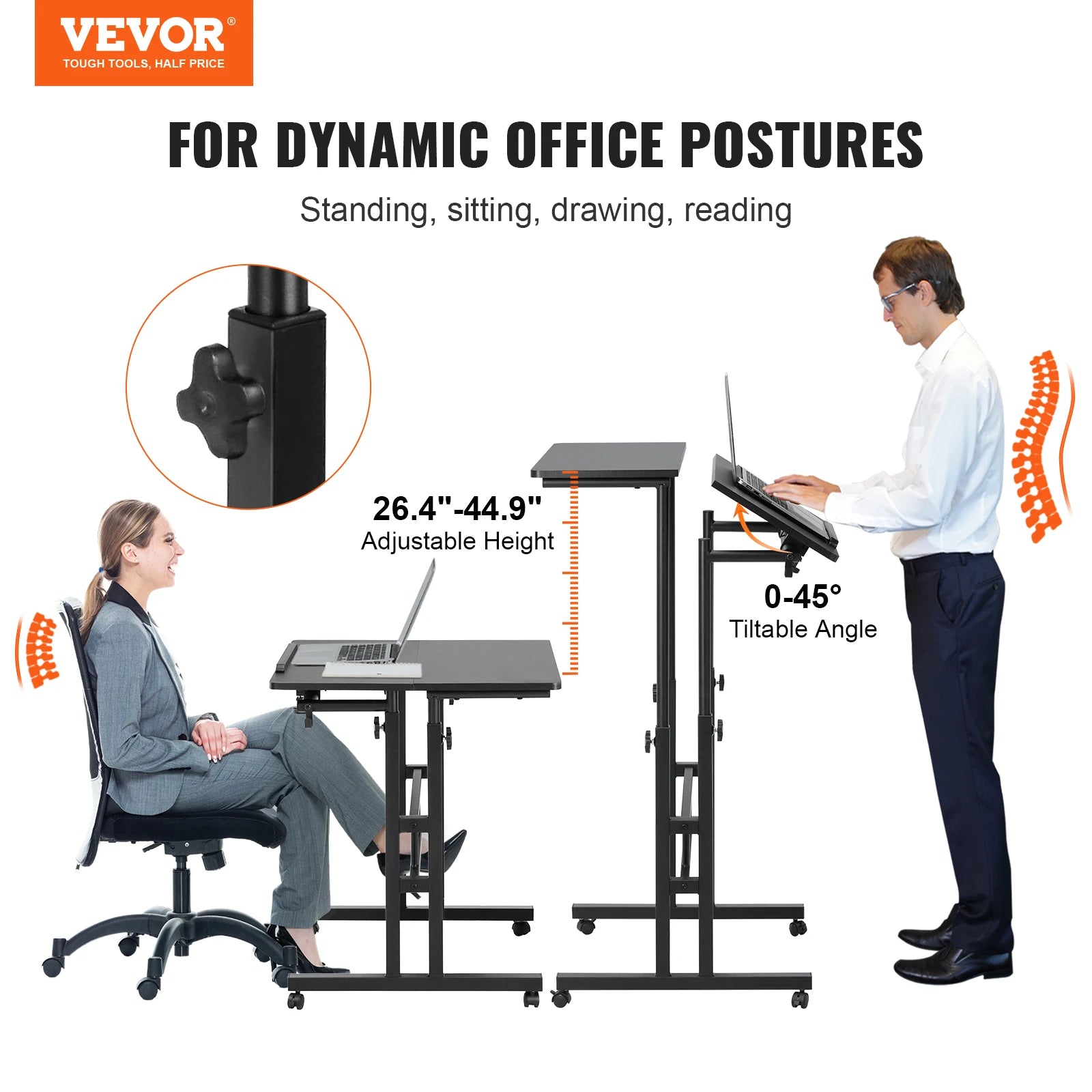 VEVOR 26.4"-44.9" Gas-Spring Height Adjustable Sit-Stand Desk with 360° Swivel