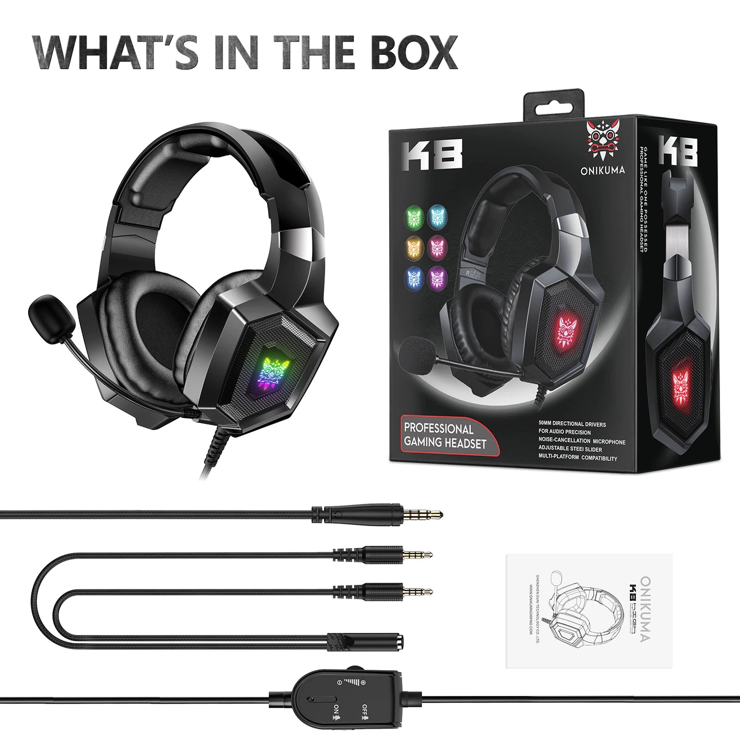 K8 Gaming Headphones with Flexible HD Mic RGB Light Surround Sound Over-Ear Wired Headset Gamer