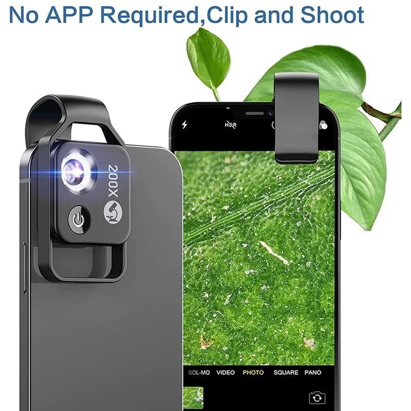 200X Cell Phone Microscope Accessory with Lens, Portable Mini Digital Microscope with LED Light