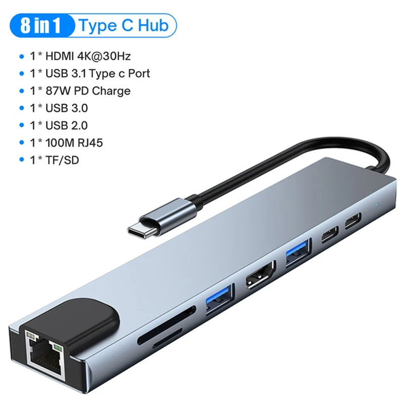 USB C HUB with 4K HDMI 100W PD USB C Port USB 3.0 RJ45 Ethernet SD/TF Card Reader Docking Station 4/5/6/8 Ports USB C Adapter