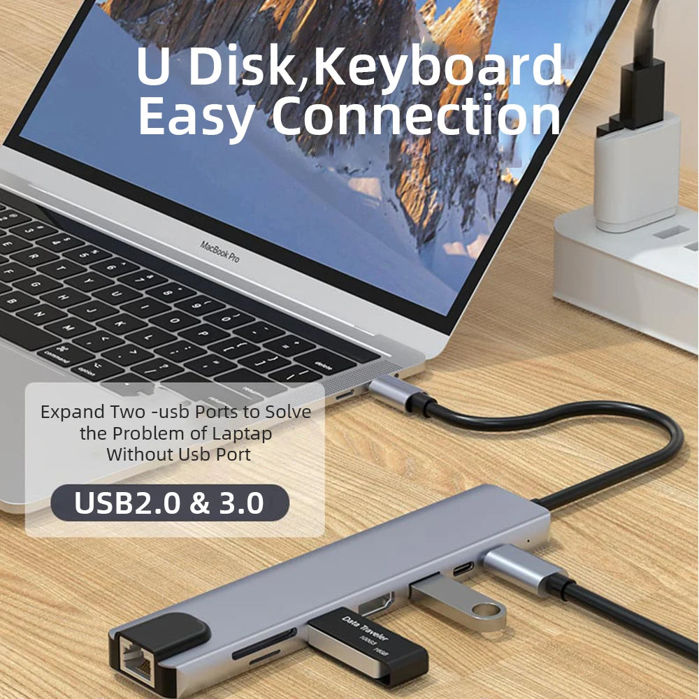 USB C HUB with 4K HDMI 100W PD USB C Port USB 3.0 RJ45 Ethernet SD/TF Card Reader Docking Station 4/5/6/8 Ports USB C Adapter